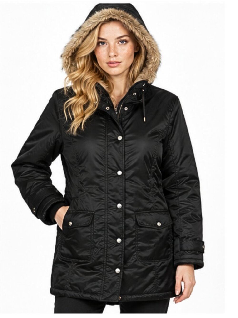 GUESS Women’s Black Hooded Winter Parka Faux-Fur Trim – Size to Be Added